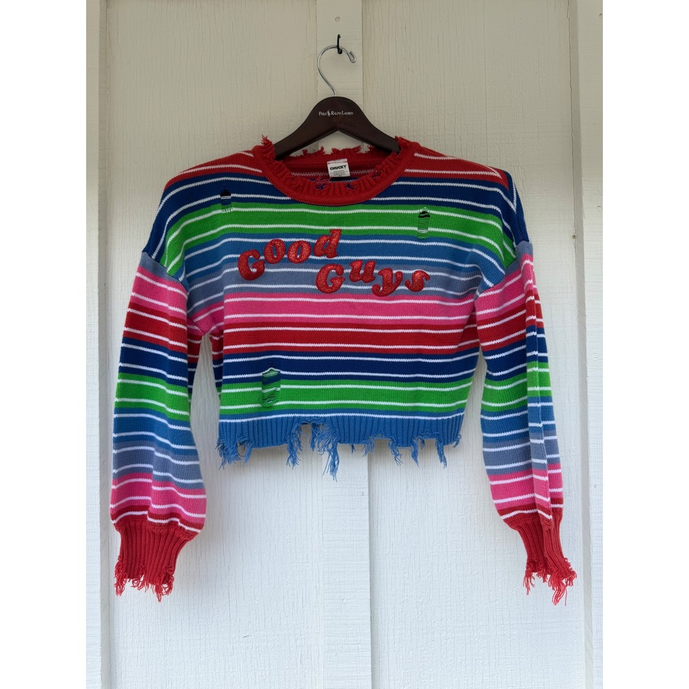 Chucky Childs Play Good Guys Striped Distressed Cropped Knit Sweater XS Multi